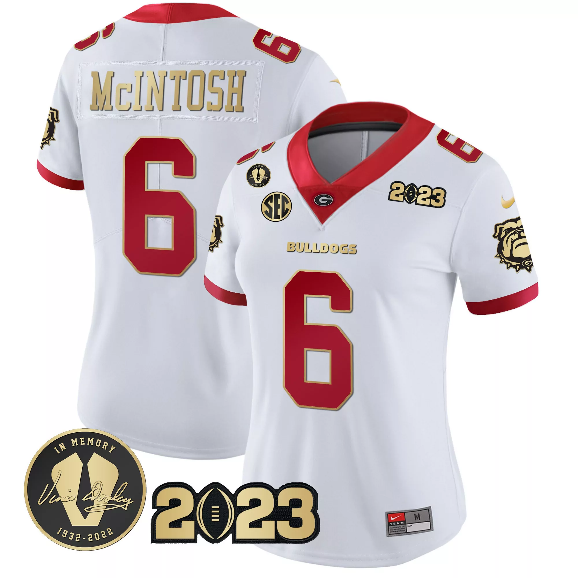 kenny mcintosh white gold trim womens georgia bulldogs 2023 champions gold jersey all stitched
