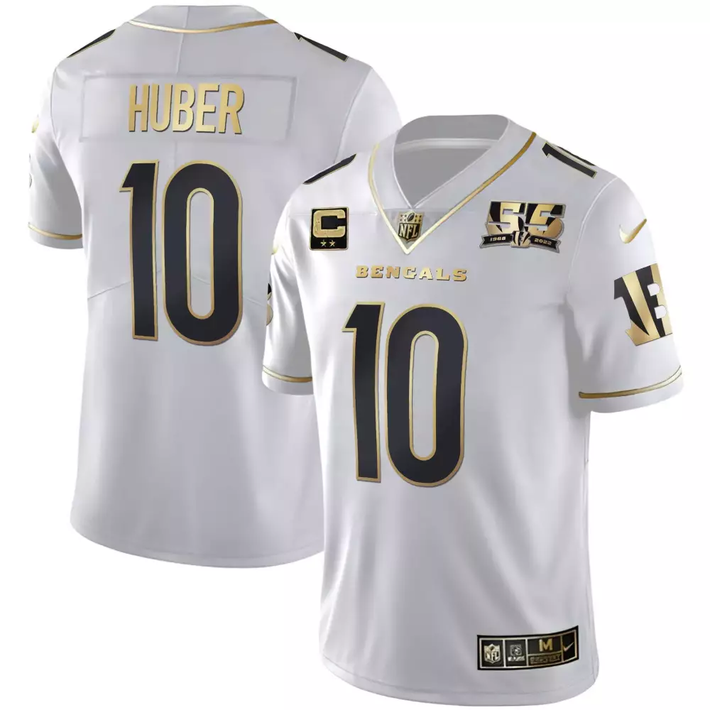 Huber 10 Bengals 2023 Men's All Stitched Vapor Jersey | White Gold Limited Edition | Fan Gear for Men, Women & Youth