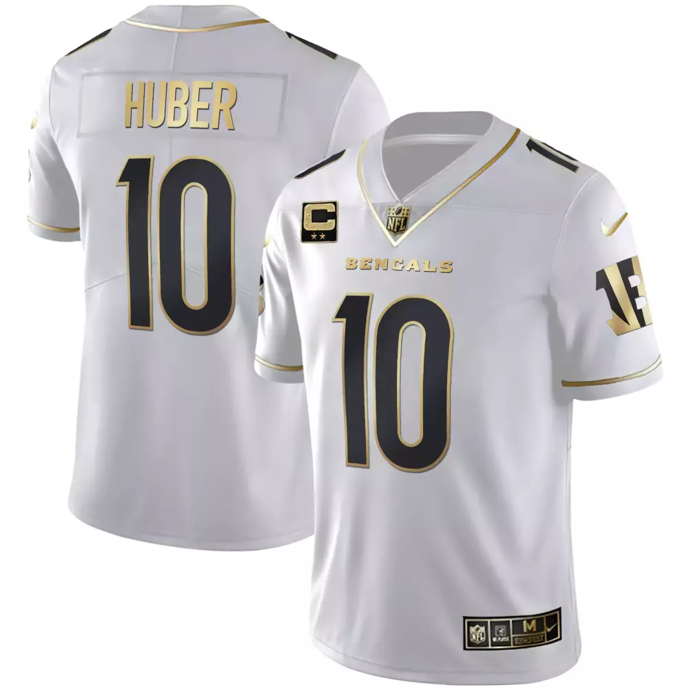 Huber 10 Bengals 2023 Men's All Stitched Vapor Jersey | White Gold Limited Edition | Fan Gear for Men, Women & Youth