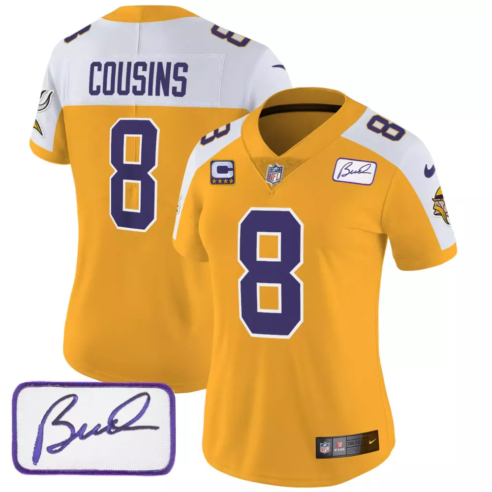 Kirk Cousins Gold Alternate Women's Minnesota Vikings Bud Grant Patch Classic Jersey | Limited Edition | For Men, Women & Youth
