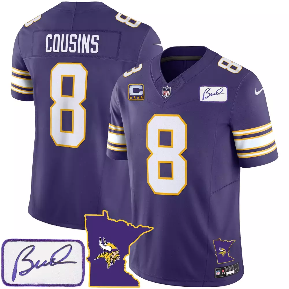 Kirk Cousins Purple Men's Minnesota Vikings Bud Grant Patch Classic Jersey | Limited Edition | For Men, Women & Youth