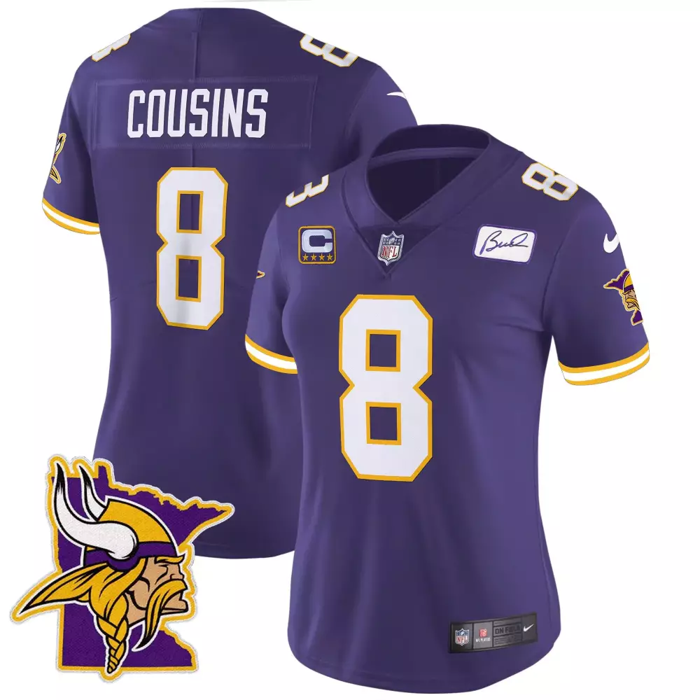 Kirk Cousins Purple Women's Jersey | Minnesota Vikings Bud Grant Patch | Classic Limited Edition for Game Day | For Women & Youth