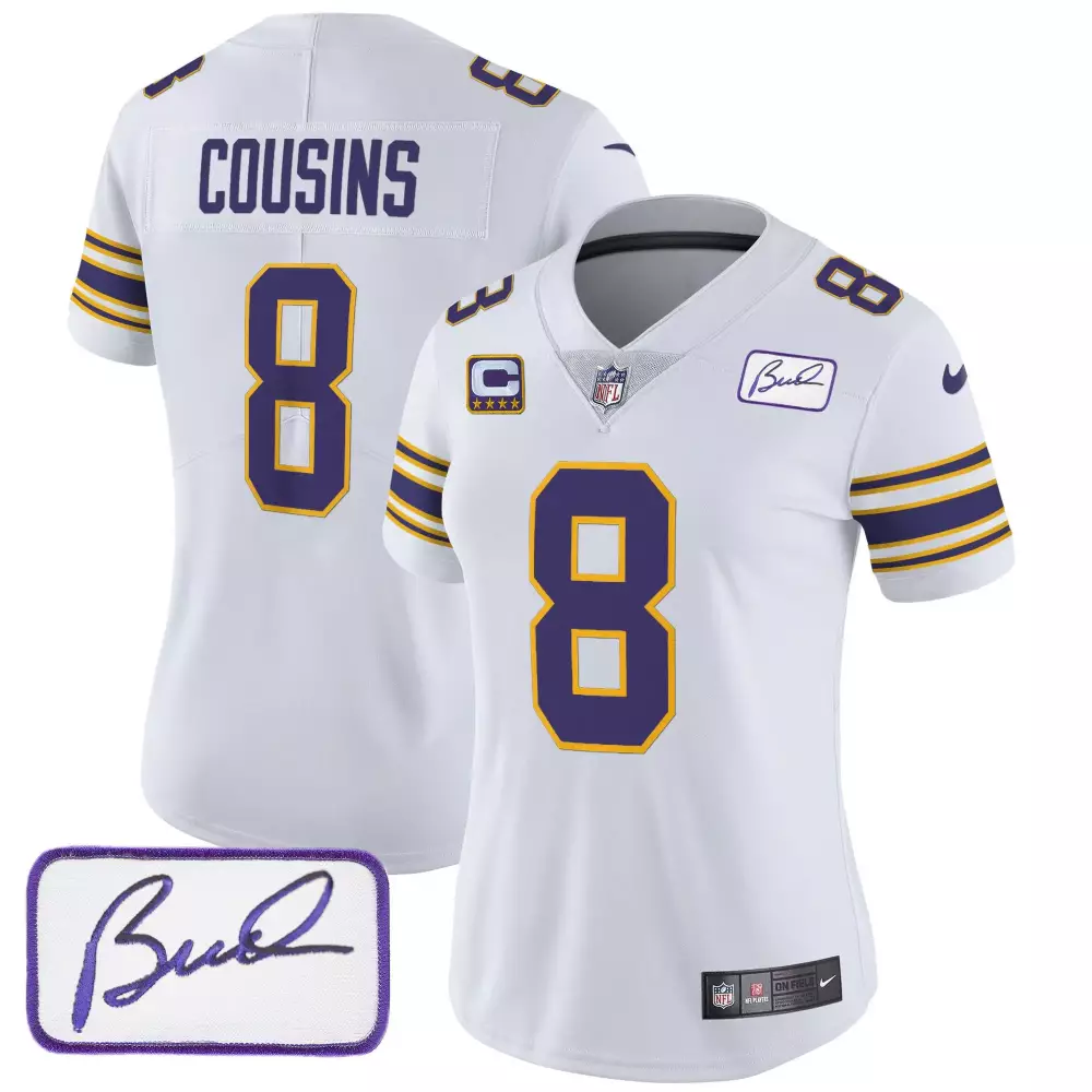 Kirk Cousins Minnesota Vikings 2024 Classic Limited Jersey | White Stitched for Women with Bud Grant Patch | For Men, Women & Youth