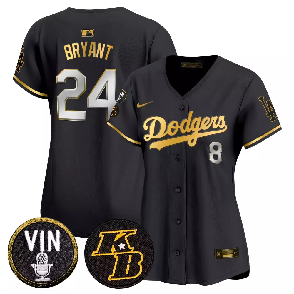 kobe bryant black gold womens los angeles dodgers vin kobe patch gold trim vapor premier limited jersey all stitched