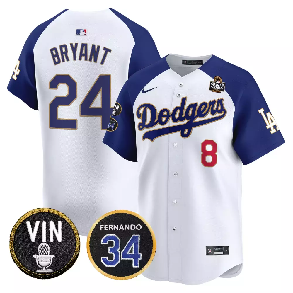 kobe bryant white alternate mens los angeles dodgers 2024 world series gold trim vapor premier limited jersey all stitch
