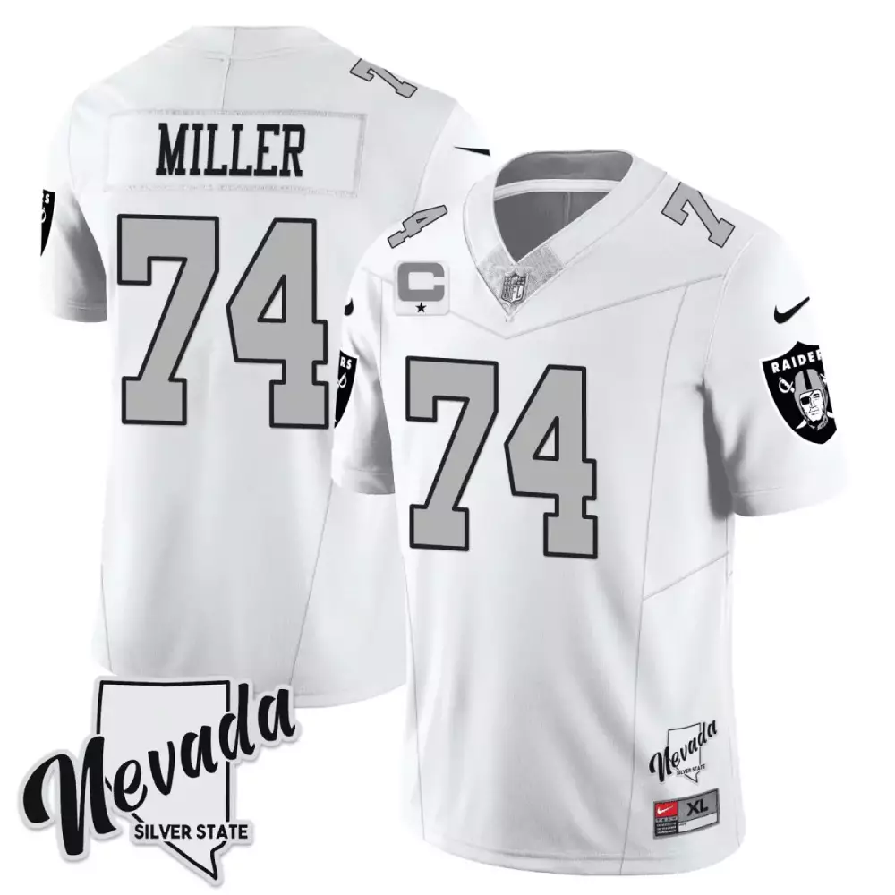 Kolton Miller Las Vegas Raiders White Silver Jersey | All Stitched | Nevada Silver State Patch | Fan Gear for Men, Women & Youth
