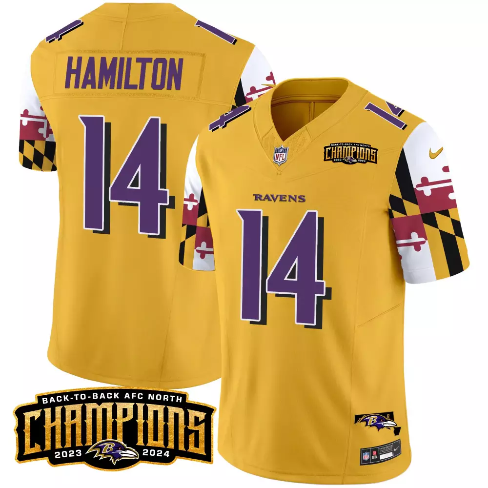 Kyle Hamilton Ravens Gold Men's Maryland Flag Vapor Limited Jersey | Back to Back AFC North Champions Patch | For Men, Women & Youth