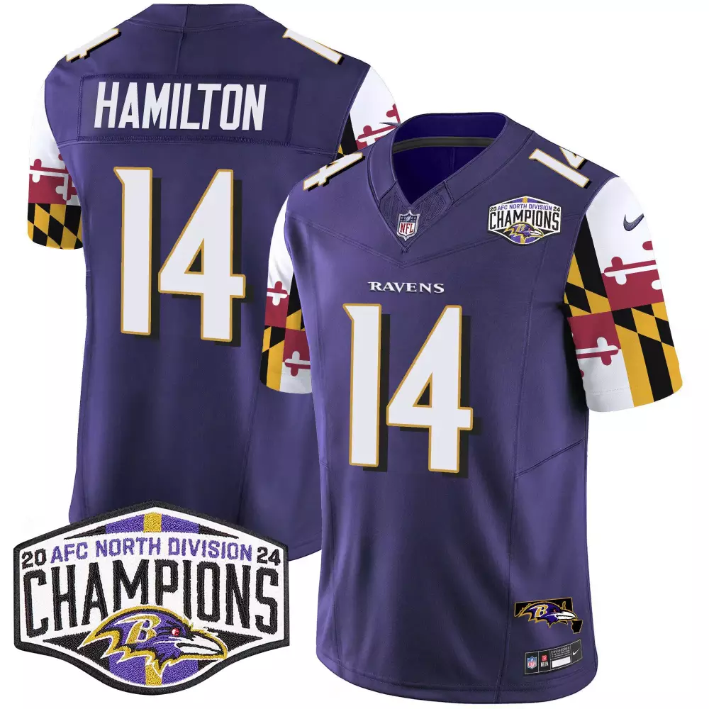 Kyle Hamilton Baltimore Ravens Purple Men's Jersey | Maryland Flag 2024 AFC North Division Champions Patch Vapor Limited Edition | All Stitched Fan Gear | For Men, Women & Youth