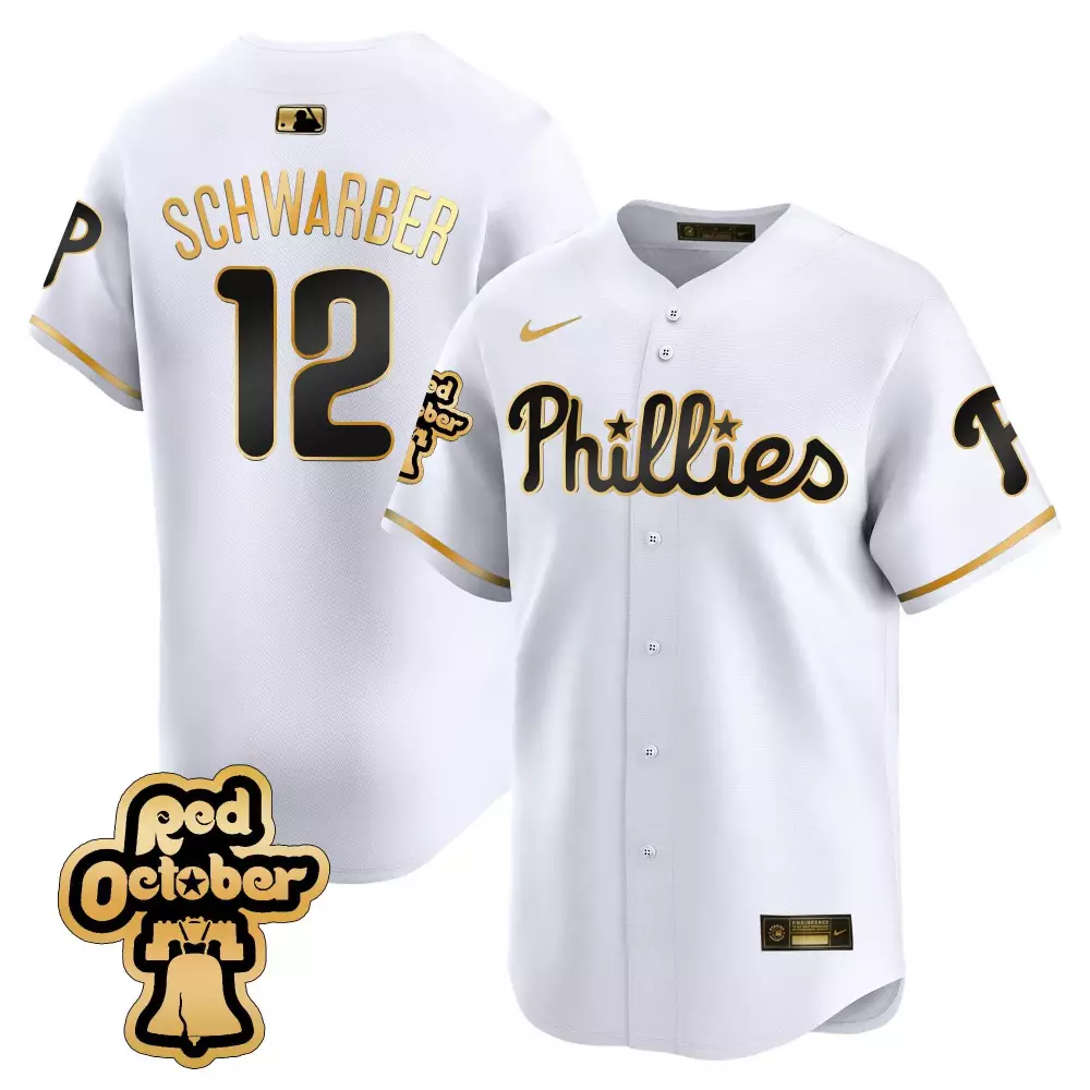 Schwarber Phillies Red October Patch Jersey | White Gold Vapor Premier Limited Edition | For Men, Women & Youth