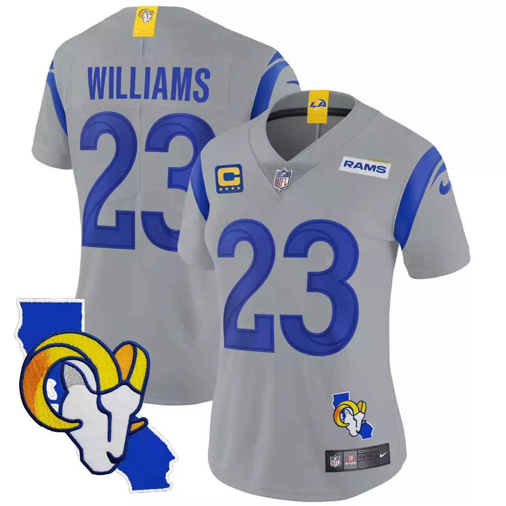 kyren williams gray womens los angeles rams california patch vapor limited jersey all stitched