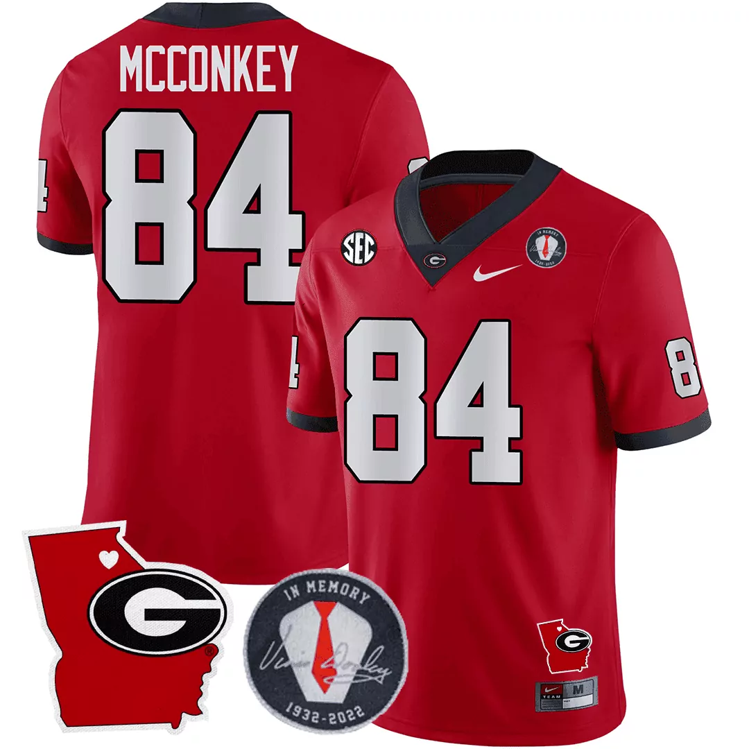 ladd mcconkey red mens georgia bulldogs 2023 vince dooley patch georgia state map jersey all stitched