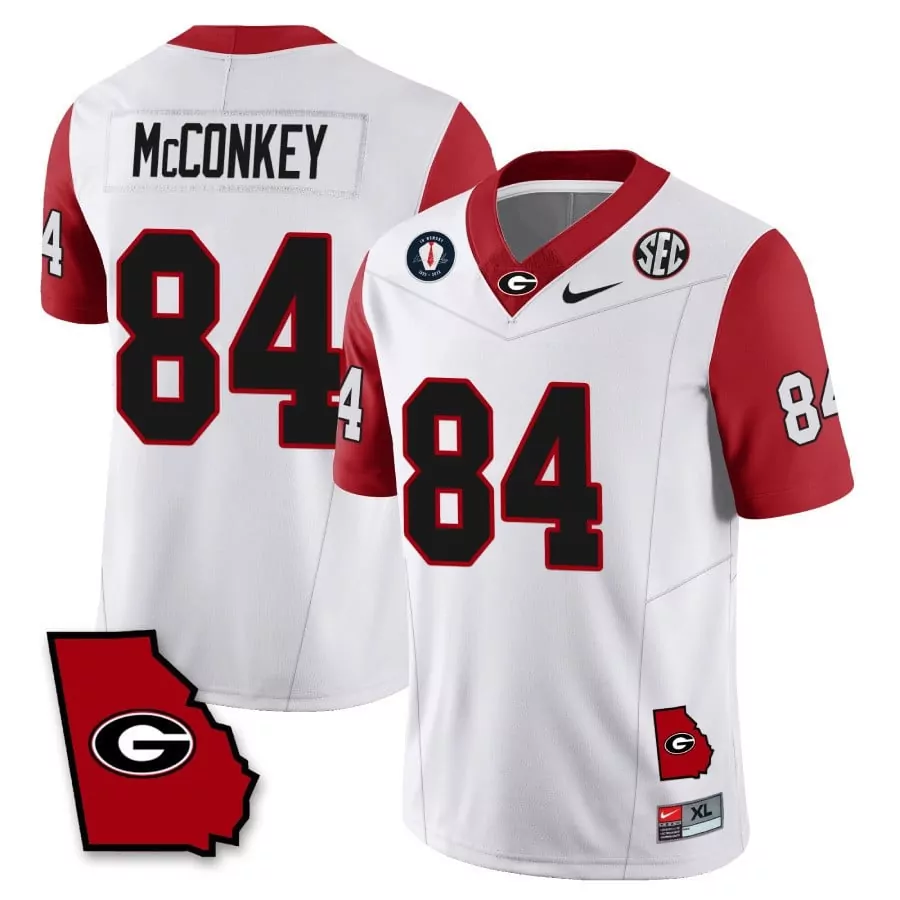 ladd mcconkey red mens georgia bulldogs 2023 vince dooley patch georgia state map jersey all stitched