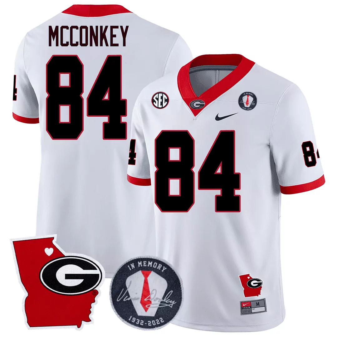 ladd mcconkey red mens georgia bulldogs 2023 vince dooley patch georgia state map jersey all stitched