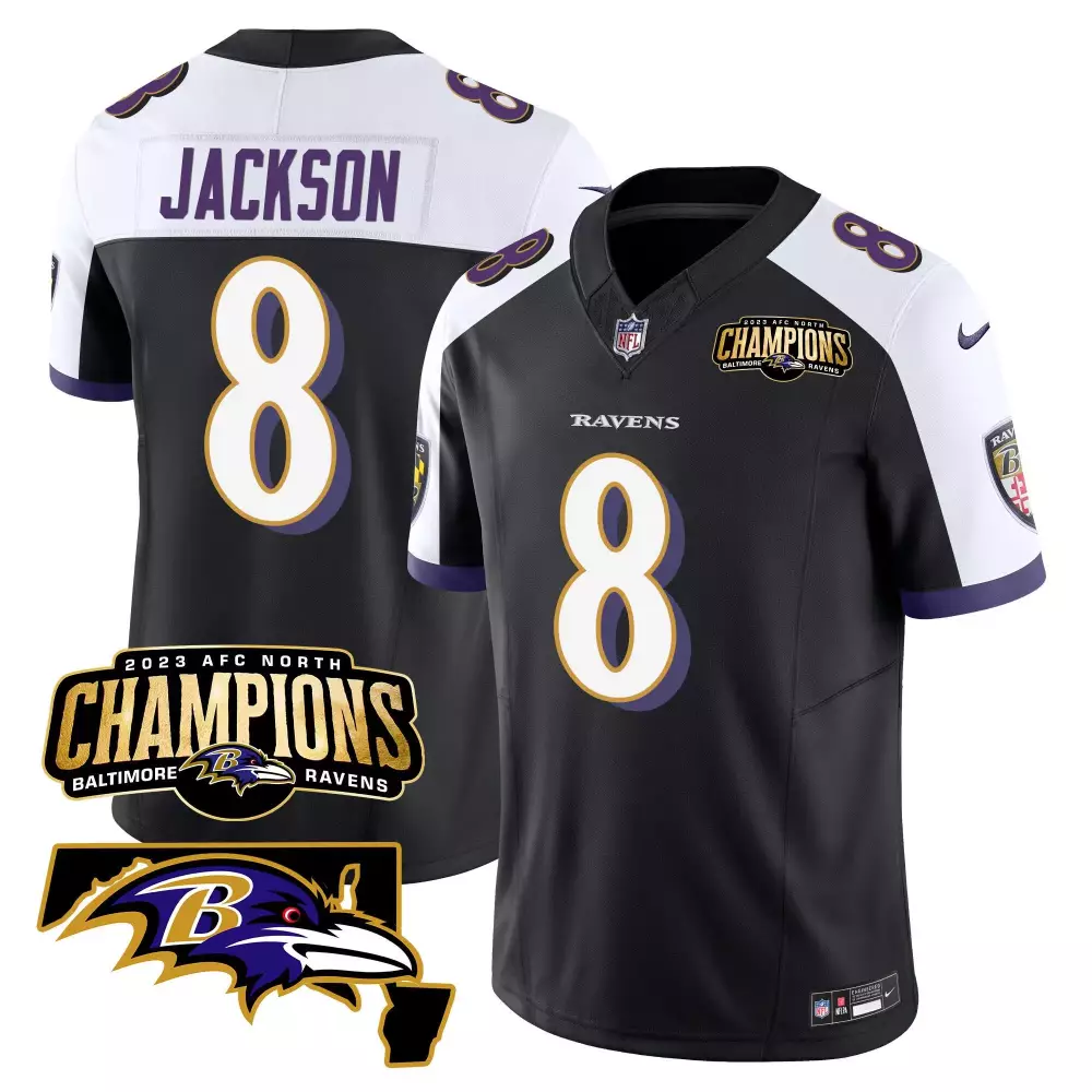 Lamar Jackson Black Alternate Men's Baltimore Ravens 2023 AFC North Champions Maryland Patch Vapor Jersey | All Stitched | For Men, Women & Youth