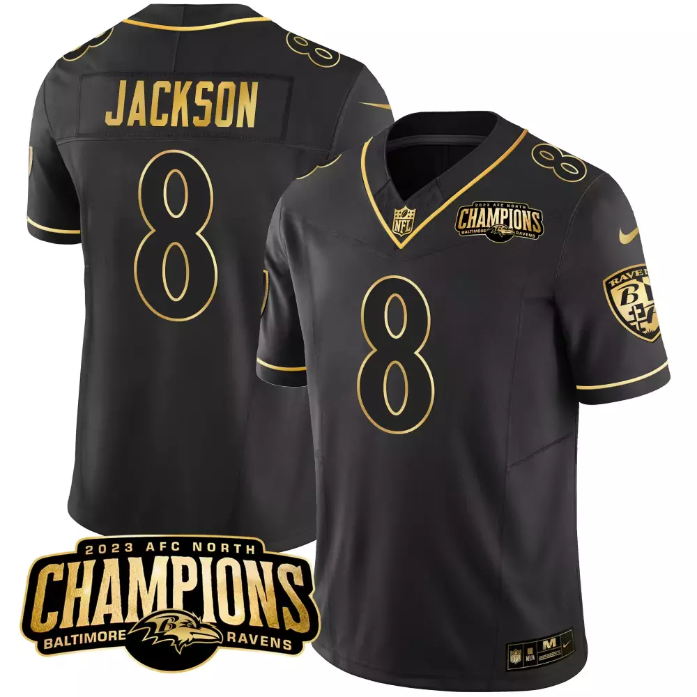Lamar Jackson Black Gold Men's Baltimore Ravens 2023 AFC North Champions Patch Gold Vapor Jersey | All Stitched | For Men, Women & Youth
