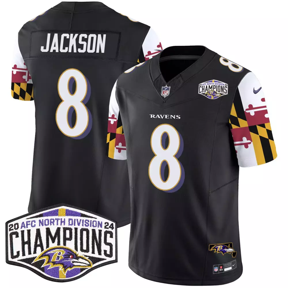 Lamar Jackson Baltimore Ravens Maryland Flag 2024 AFC North Champions Black Jersey | Stitched Vapor Limited | Fan Gear for Men, Women & Youth