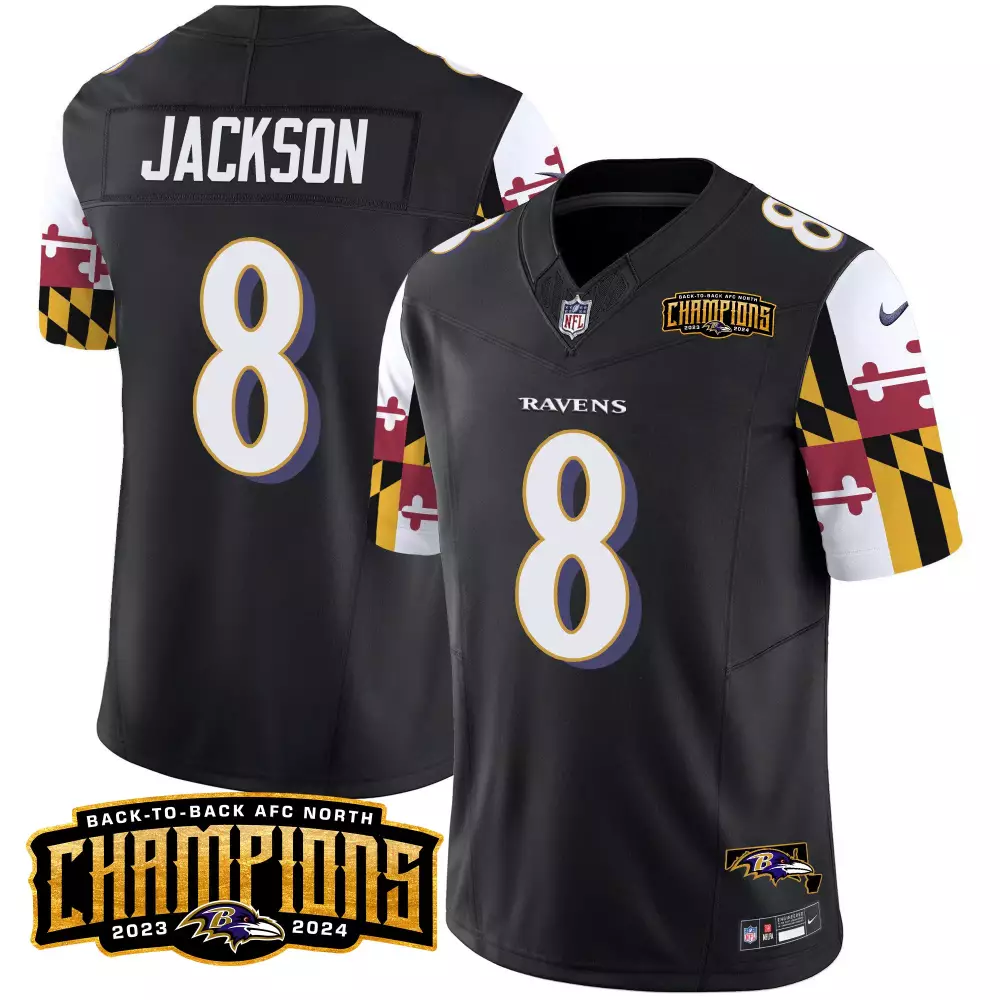 lamar jackson black mens baltimore ravens maryland flag back to back afc north champions patch vapor limited jersey all
