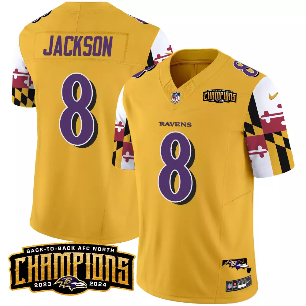 Lamar Jackson Gold Men's Baltimore Ravens Maryland Flag Back-to-Back AFC North Champions Jersey | Stitched Vapor Limited | For Men, Women & Youth