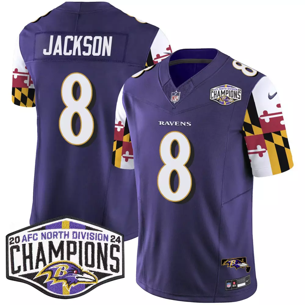 Lamar Jackson Baltimore Ravens Purple Maryland Flag 2024 AFC North Division Champions Patch Vapor Limited Jersey | Stitched for All Ages