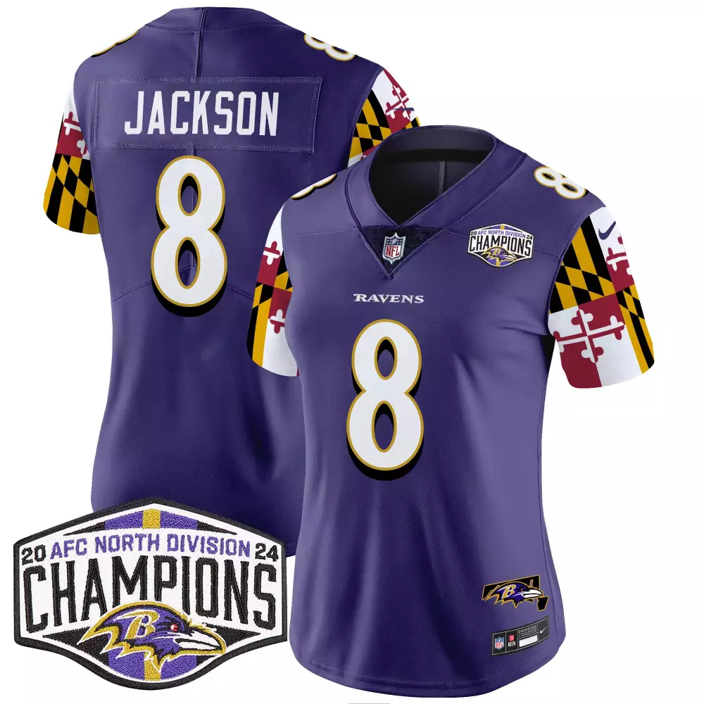 Lamar Jackson Women's Baltimore Ravens Maryland Flag Jersey | 2024 AFC North Champions Patch Vapor Limited | For Men, Women & Youth