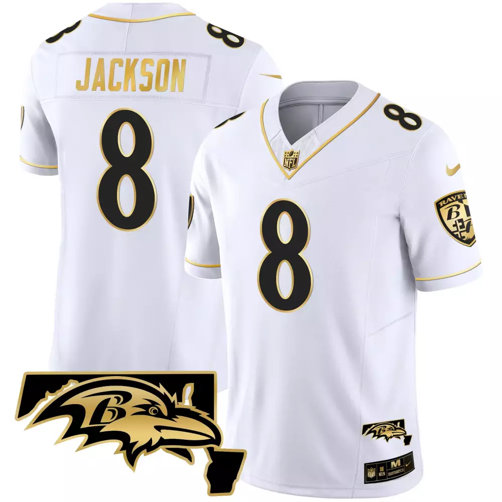 Lamar Jackson Men's Baltimore Ravens White Gold Jersey | Maryland Patch Vapor Gold | For Men, Women & Youth