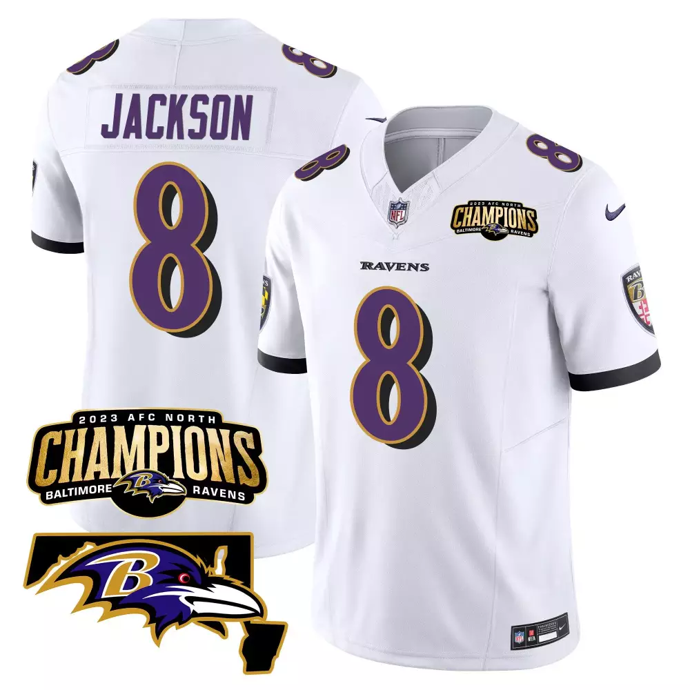 Lamar Jackson Men's Baltimore Ravens White Jersey | 2023 AFC North Champions Maryland Patch Vapor Edition | For Men, Women & Youth