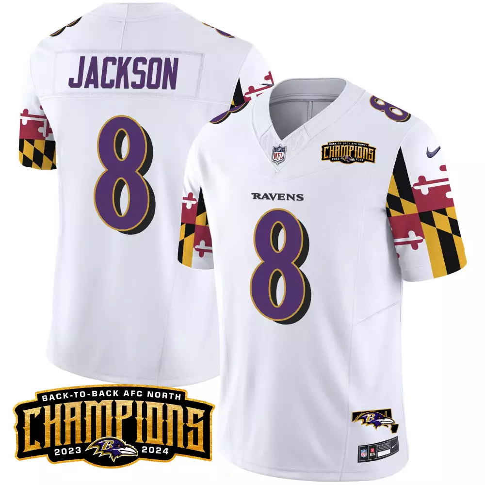 Lamar Jackson Baltimore Ravens Maryland Flag Back to Back AFC North Champions Patch Vapor Limited Jersey | Stitched White | Fan Gear | For Men, Women & Youth