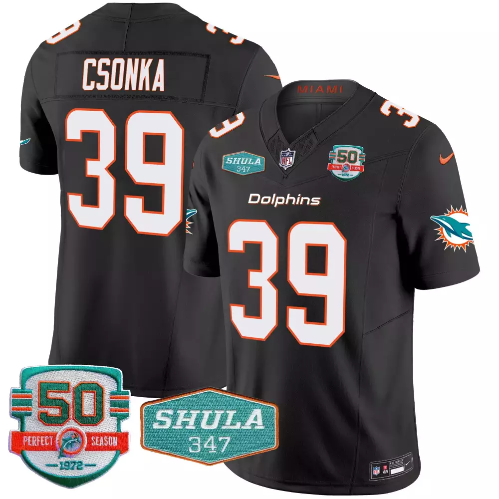 Larry Csonka Black Men's Miami Dolphins Shula 347 Patch Jersey V2 | Limited Edition Vapor Style | Fan Gear for Men, Women & Youth