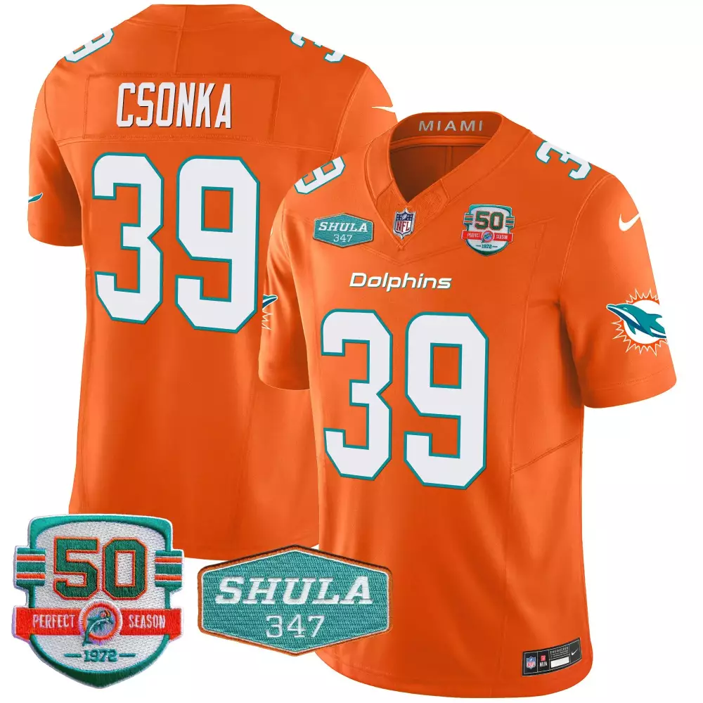 Larry Csonka Miami Dolphins Orange Men's Shula 347 Patch Vapor Limited Jersey V2 | All Stitched Fan Gear | For Men, Women & Youth