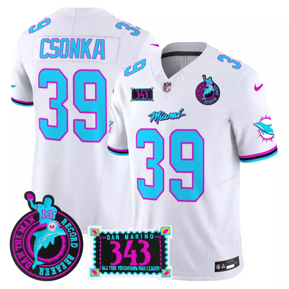 Larry Csonka White Men's Miami Dolphins Dan the Man Record Breaker Patch Vapor Jersey | Limited Edition | Fan Gear for Game Day | For Men, Women & Youth