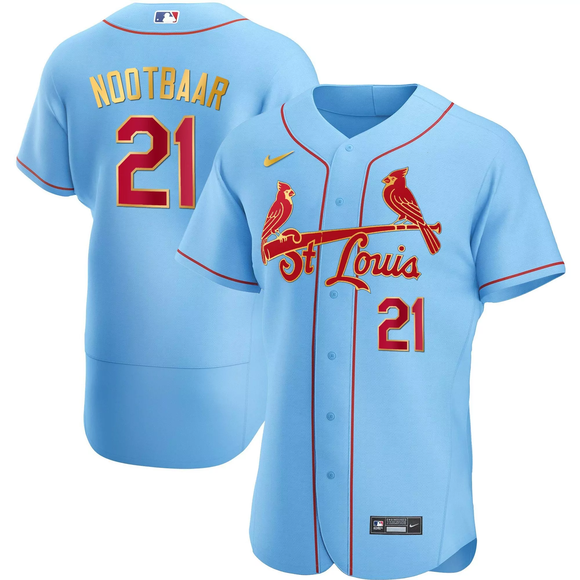 lars nootbaar light blue mens st louis cardinals flex base gold trim jersey all stitched