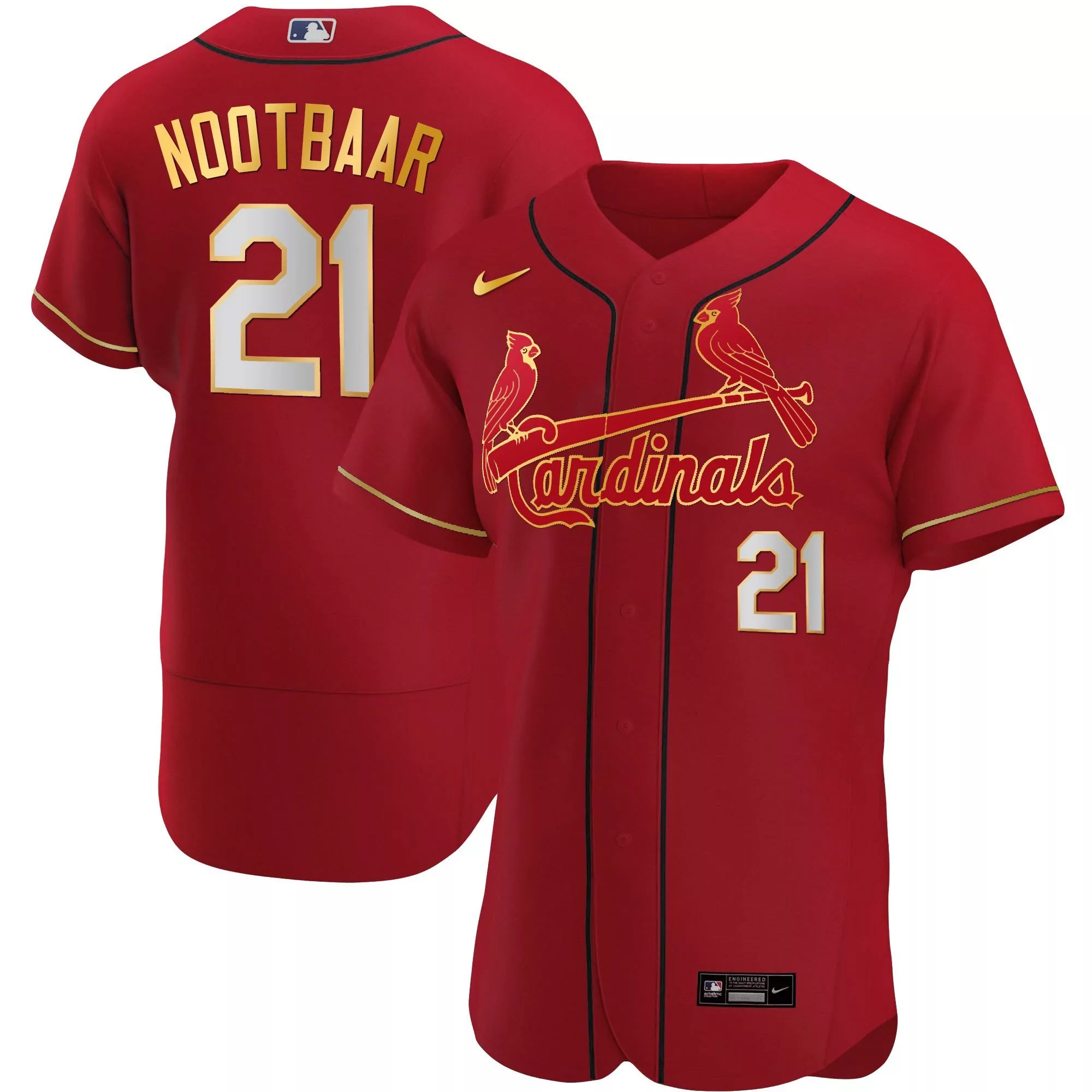 lars nootbaar red gold mens st louis cardinals flex base gold trim jersey all stitched