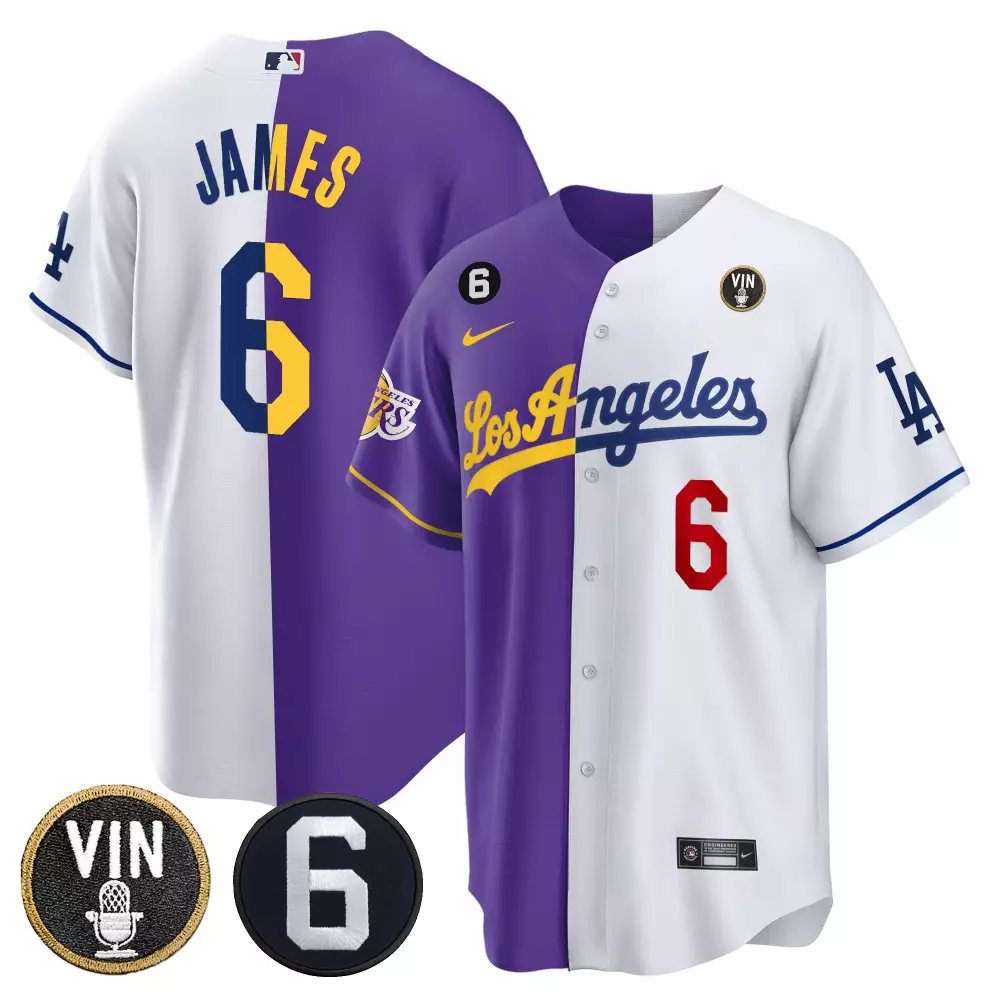 lebron james purple white mens split los angeles dodgers lakers cool base jersey all stitched