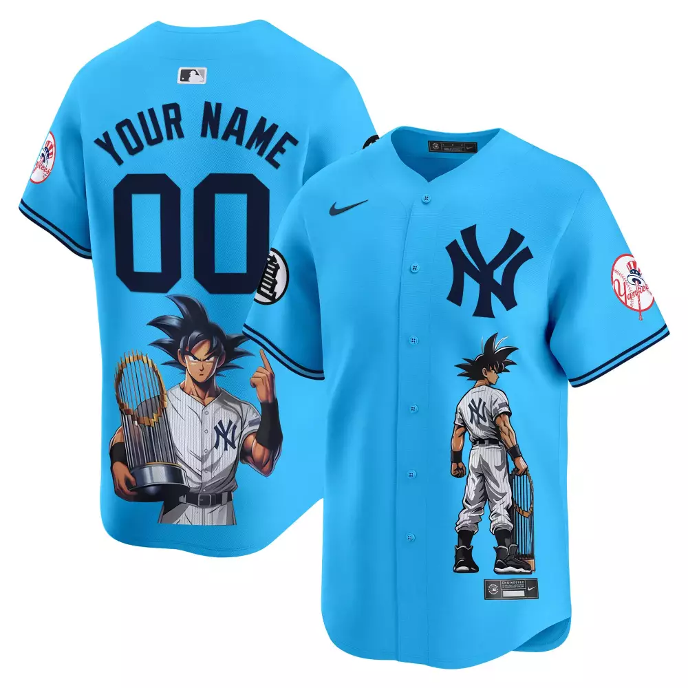 light blue men new york yankees dragon ball son goku vapor premier limited custom jersey printed