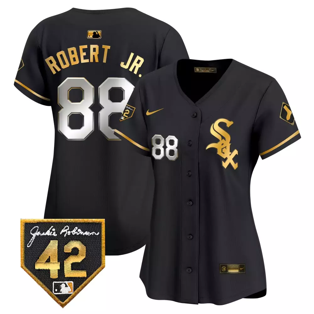 Luis Robert Jr. Women's Jackie Robinson Patch Black Gold Jersey | Chicago White Sox 2024 Limited Edition | All Stitched | For Women