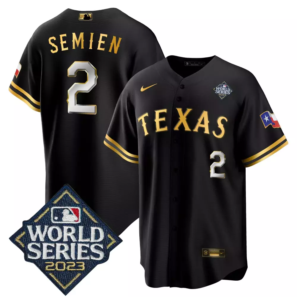 marcus semien black gold mens texas rangers 2023 world series cool base jersey v2 all stitched