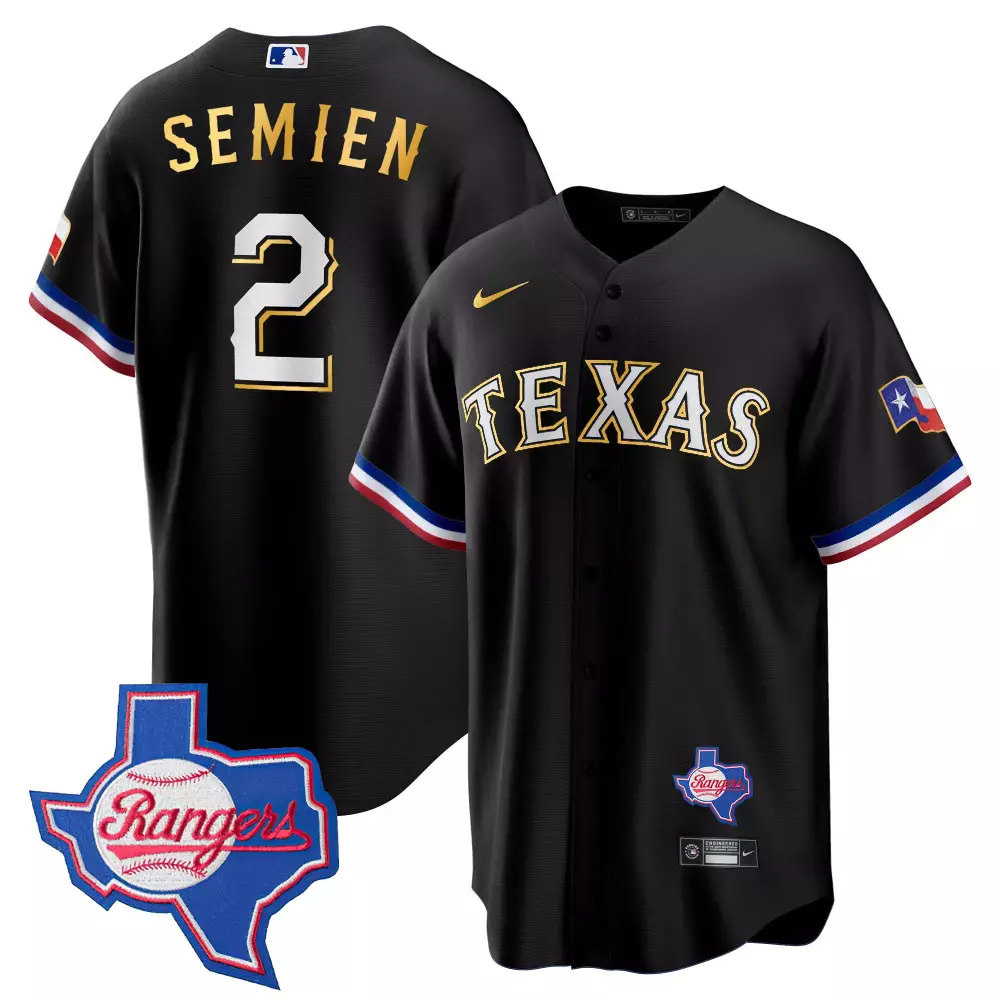 Marcus Semien Black Men's Texas Rangers Gold Trim Cool Base Jersey | Texas Patch | All Stitched | Fan Gear | For Men, Women & Youth