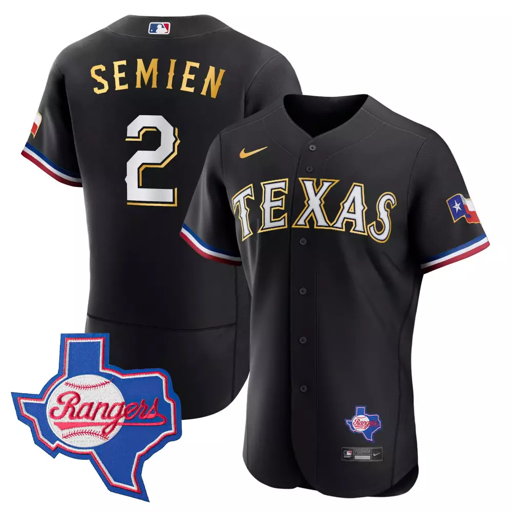 Marcus Semien Black Men's Texas Rangers Gold Trim Cool Base Jersey | Texas Patch | All Stitched | Fan Gear | For Men, Women & Youth