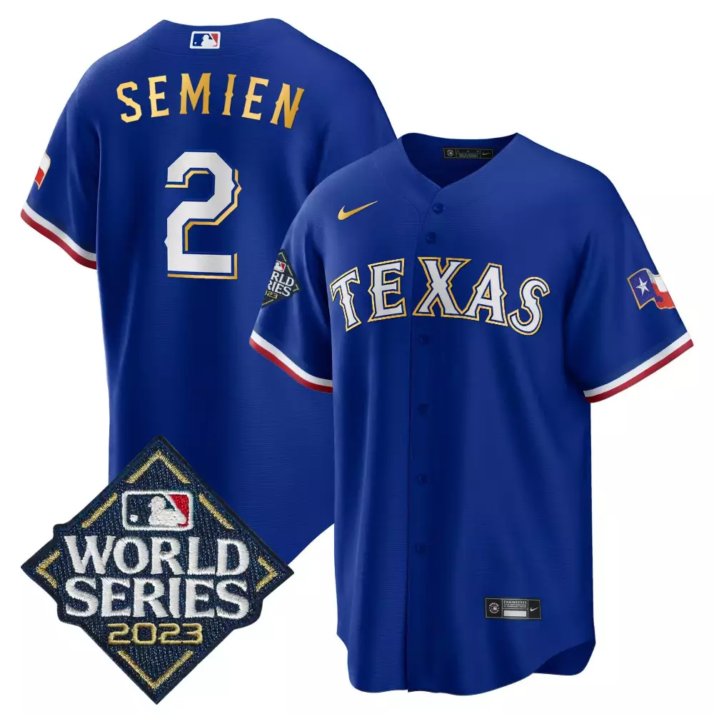Marcus Semien Royal Men's Texas Rangers 2023 World Series Cool Base Gold Trim Jersey | All Stitched | Game Day Outfit | For Men, Women & Youth