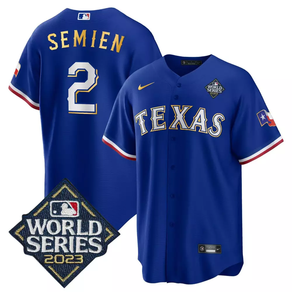 marcus semien royal mens texas rangers 2023 world series cool base gold trim jersey v2 all stitched
