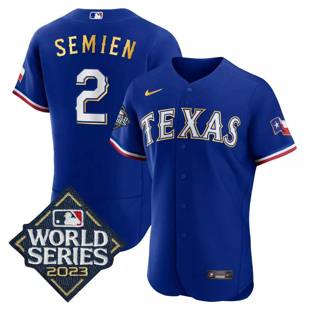 marcus semien royal mens texas rangers 2023 world series cool base gold trim jersey v2 all stitched