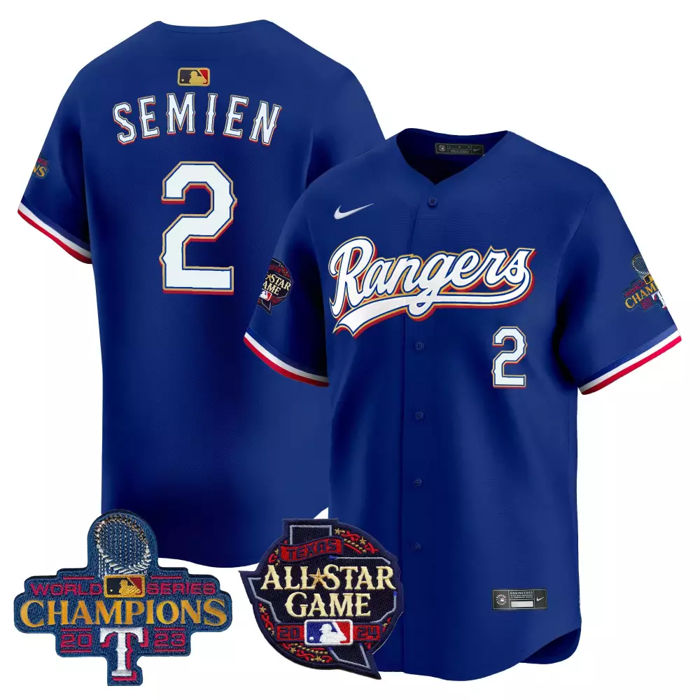 marcus semien royal mens texas rangers 2023 world series cool base gold trim jersey v2 all stitched
