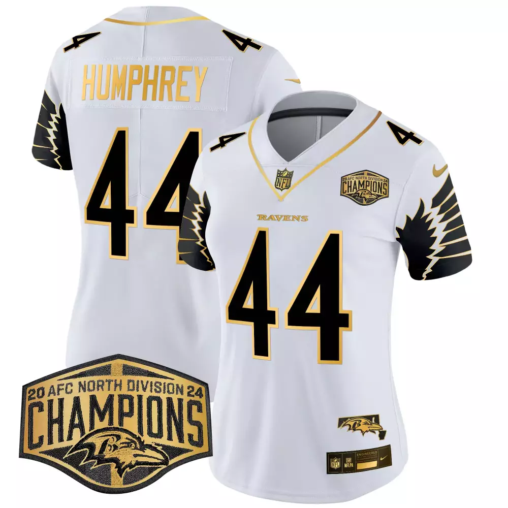 Marlon Humphrey Women's White Gold Jersey | Baltimore Ravens Maryland Flag Map | AFC North Champions Patch | For Men, Women & Youth