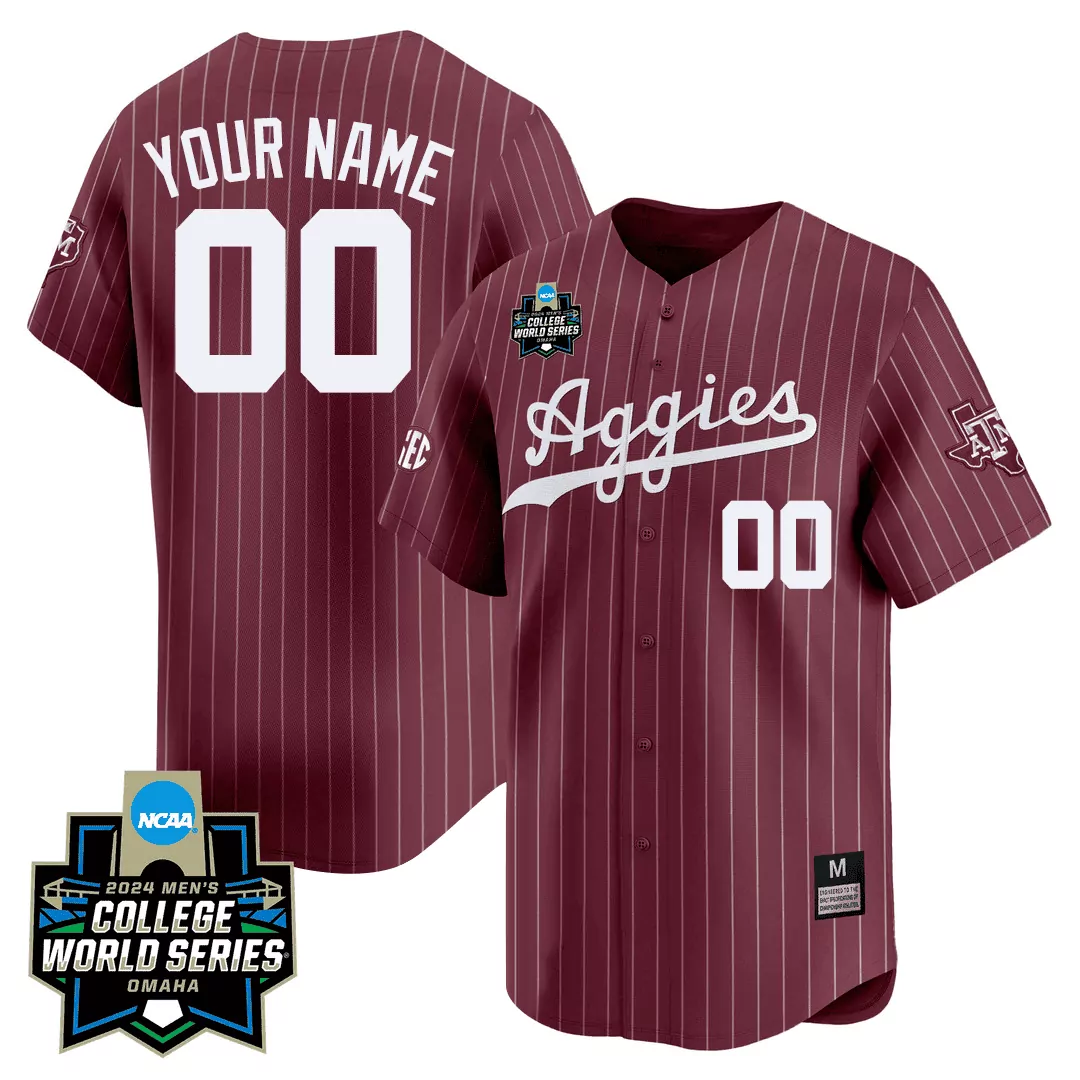 maroon pinstripe men texas am aggies 2024 college world series patch vapor premier limited custom jersey all stitched
