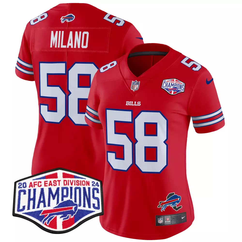 matt milano red womens buffalo bills 2023 afc east champions patch gold vapor jersey v2 all stitched