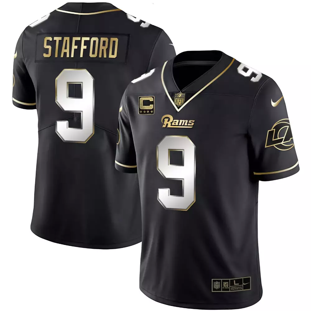 matthew stafford black limited mens los angeles rams white gold black gold jersey all stitched