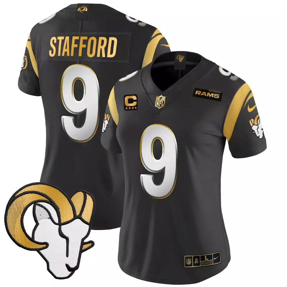 matthew stafford black limited mens los angeles rams white gold black gold jersey all stitched