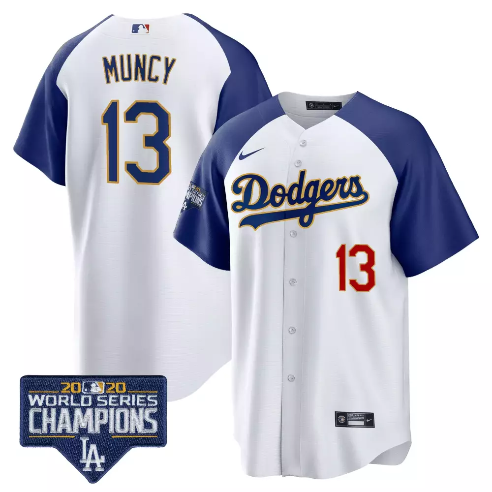 max muncy alternate white mens los angeles dodgers world series champions patch cool base gold trim jersey all stitched