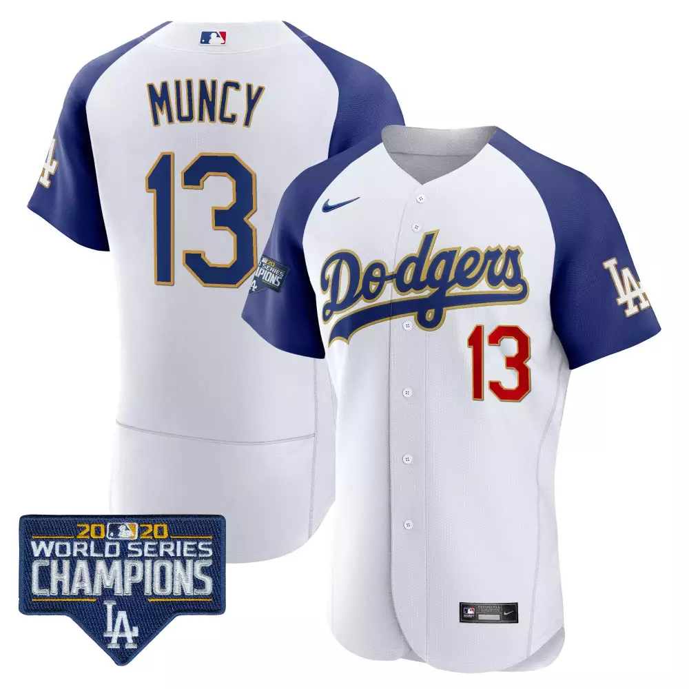 max muncy alternate white mens los angeles dodgers world series champions patch cool base gold trim jersey all stitched