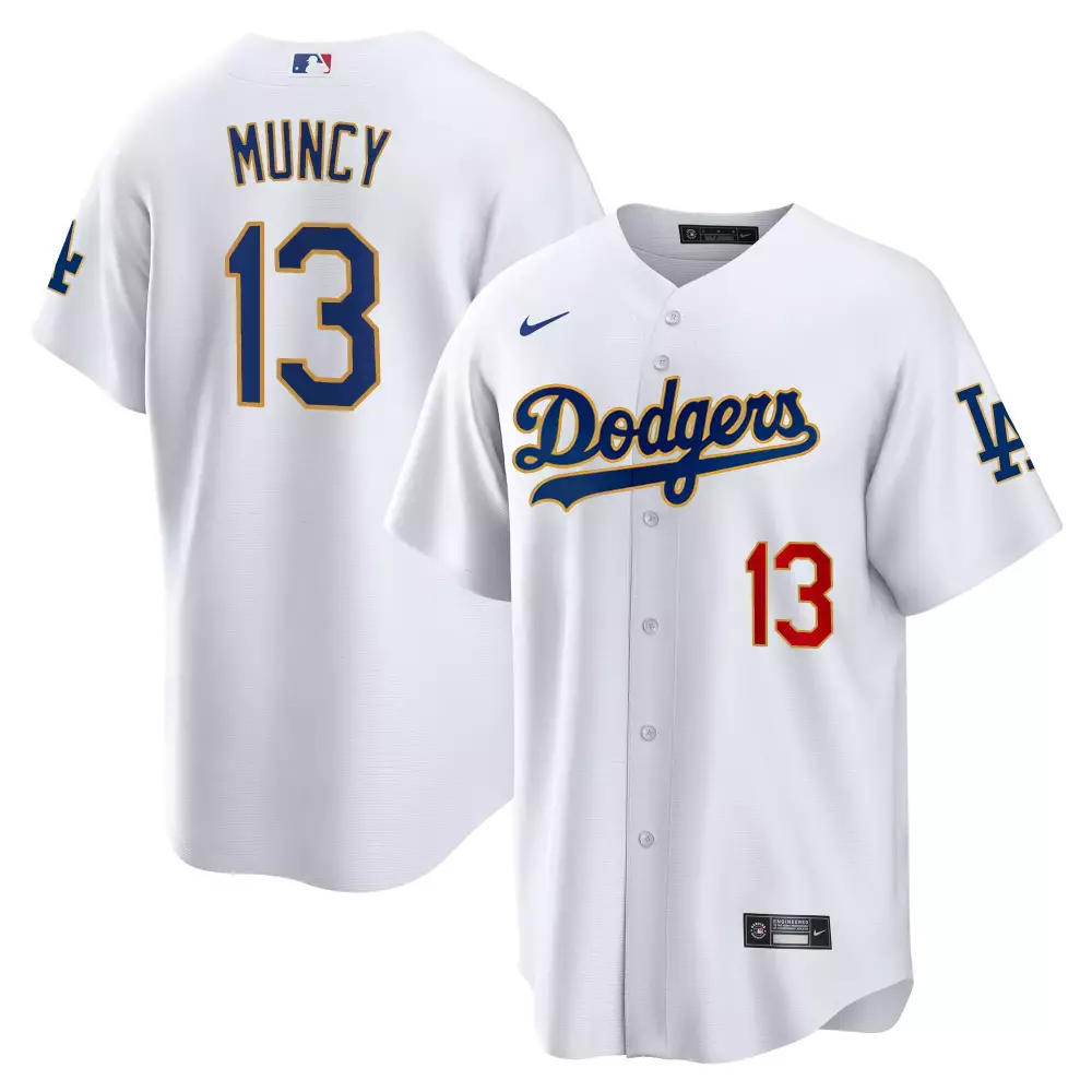 Max Muncy Gold Trim Cool Base Jersey | White Stitched Fan Gear for Men, Women & Youth